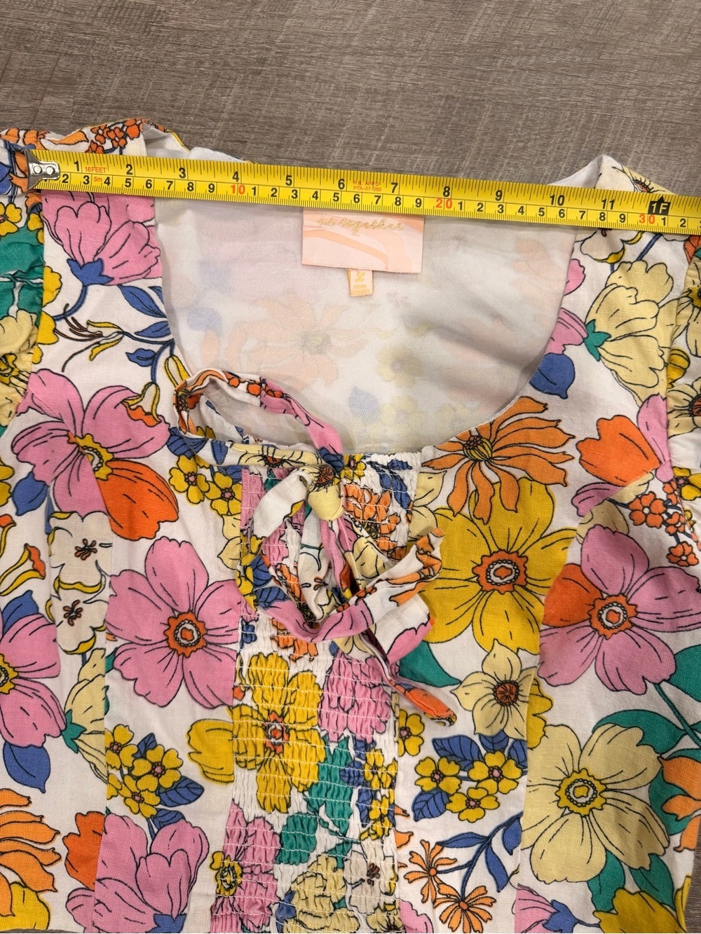 Us Together Floral Boho Crop Top 100% Cotton Puff Sleeve Cottagecore Hippie Sz L - Picture 9 of 9